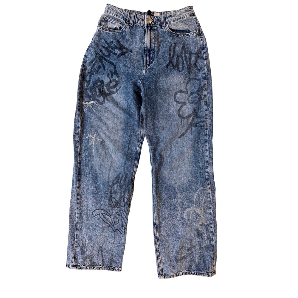 H&M Y2K Graffiti Jeans Womens 8 Acid‎ Wash Baggy Hip Hop Grunge Streetwear
